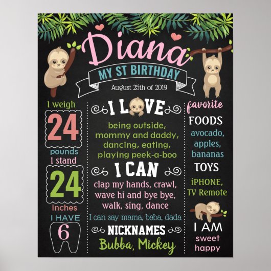 Sloth Let's Hang Zoo First Birthday-karton Poster (Voorkant)