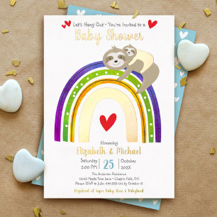 Sloth Rainbow Heart Boy Baby shower Schattige Echt Folie Uitnodiging