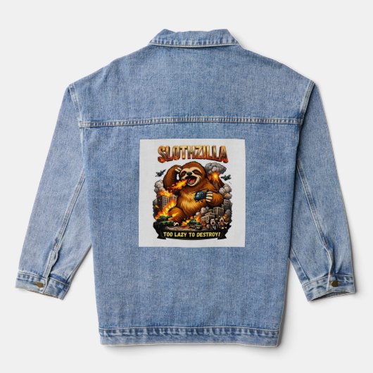 Slothzilla Too Lazy to Destroy,Funny Kaiju Monster Denim Jacket (Achterkant)