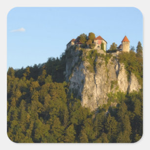 Slovenië, Bled, Meer van Bled, Kasteel van Bled op Vierkante Sticker
