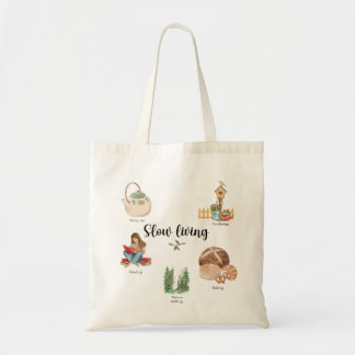 Slow Living Watercolor Illustration – Cozy Cottage Tote Bag