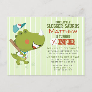 Slugger-Saurus Baseball Dino Baby Boy 1st Birthday Uitnodiging Briefkaart