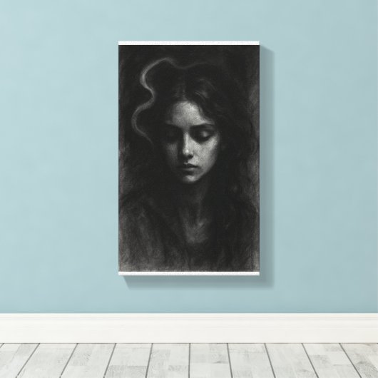 Sluier van Stilte - Dark Charcoal Portrait Canvas Afdruk (Insitu (Houten vloer))