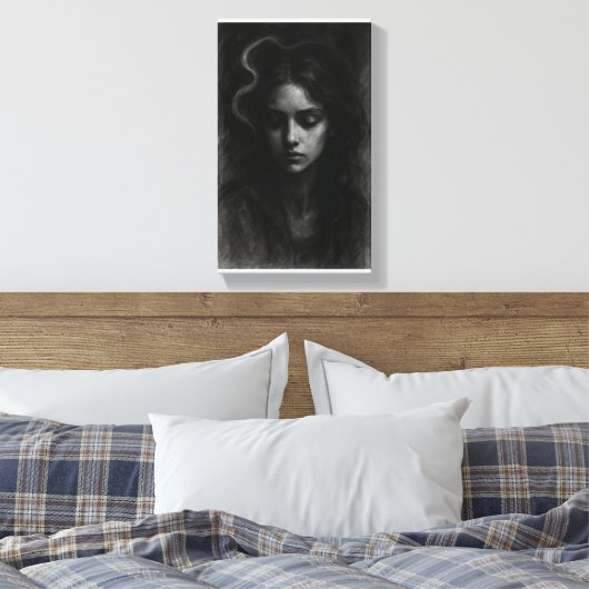 Sluier van Stilte - Dark Charcoal Portrait Canvas Afdruk (Insitu (Slaapkamer))