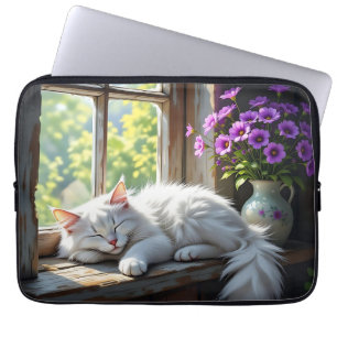 Sluimerende kat op de vensterbank Paarse Bloemen Laptop Sleeve