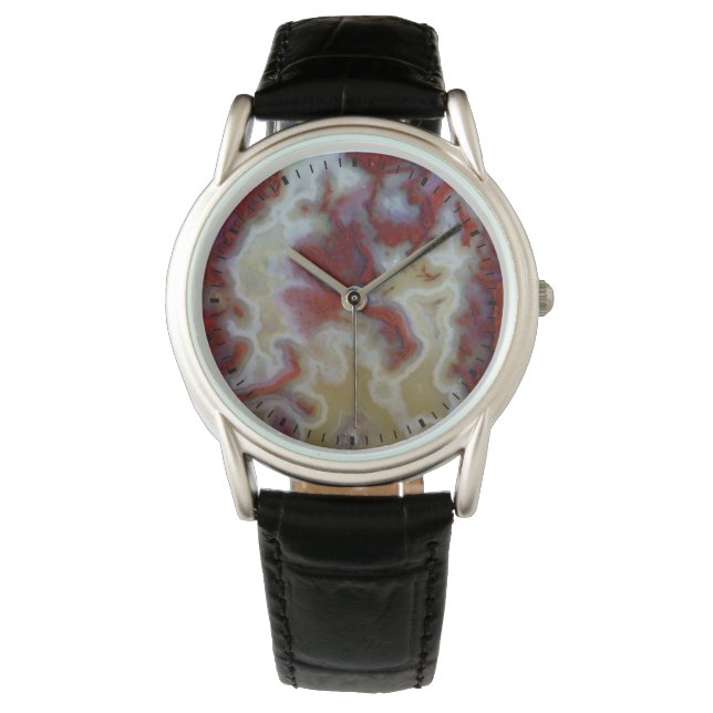 Sluiten van Red Moss Agate Slab Horloge (Voorkant)
