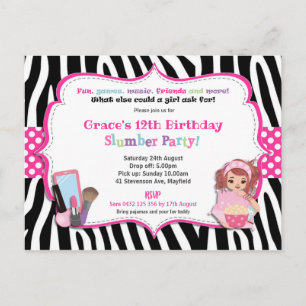 Slumber Birthday Party Zebra Print Girl Invitation Briefkaart