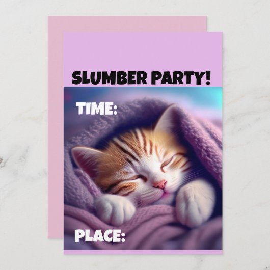 SLUMBER PARTY ANNIVERSAIRE CUTE CAT INVITATIONS (Devant / Derrière)