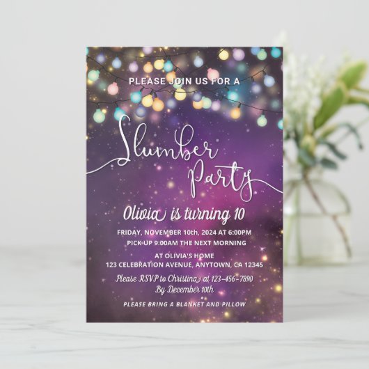 Slumber Party Galaxy String Lights Paarse verjaard Kaart (Staand voorkant)