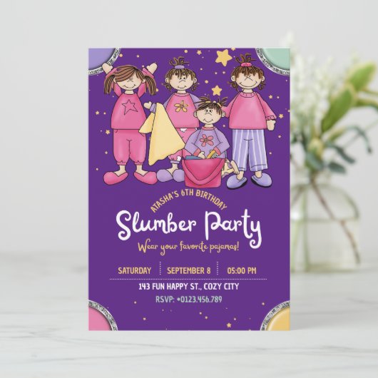 Slumber Verjaardagsfeest met Vrienden Uitnodiging (Staand voorkant)