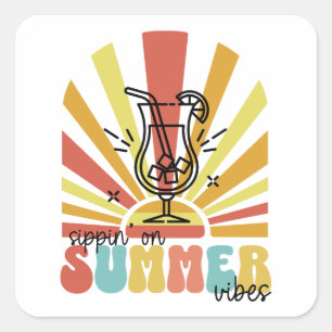 Slurpend aan Zomer Vibes, Retro Zon, Cocktail Glas Vierkante Sticker
