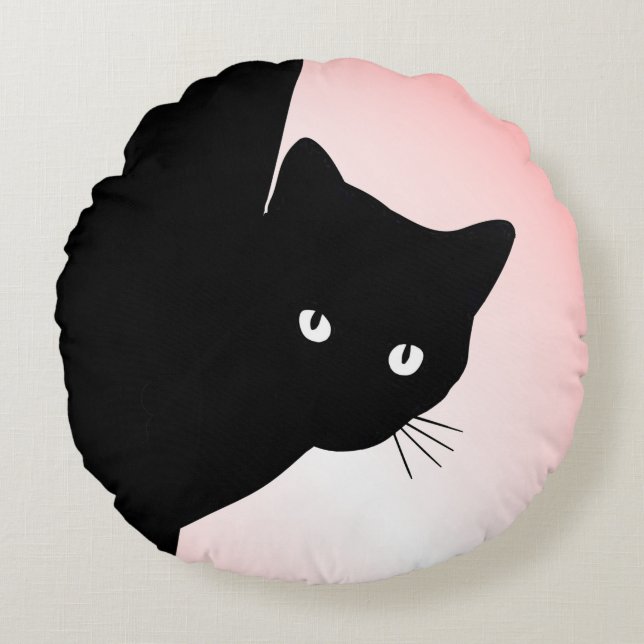 Sly Black Cat Pink Rond Kussen (Voorkant)