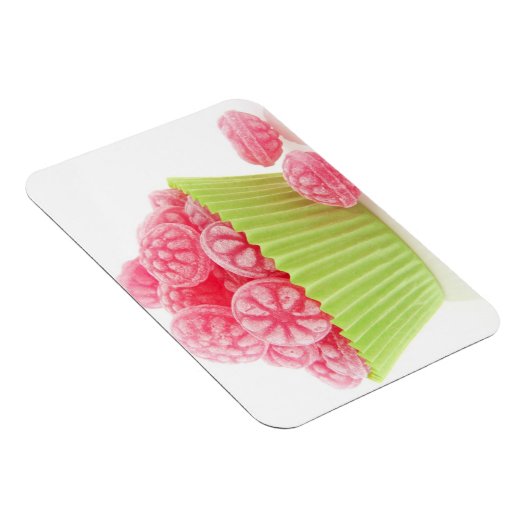 Smaak van frambozenlekkend snoep in groene beker magneet (Rechterzijde)