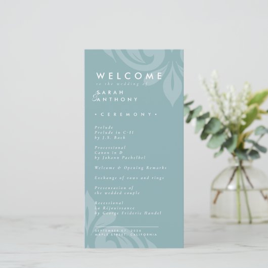 Smaakvolle Elegante Damast TinBlauw Huwelijksprogr (Staand voorkant)