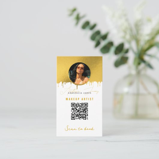 Small Business Discount Loyaliteit QR Code Wit Gou Visitekaartje (Staand voorkant)