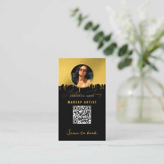 Small Business Discount Loyalty QR Code Zwart Goud Visitekaartje (Staand voorkant)
