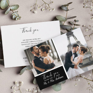 Small Elegant Black 2 Photo Collage Wedding Notitiekaartje