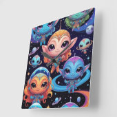 Small Multi-Coloured Aliens in Space Vierkante Klok (Hoek)