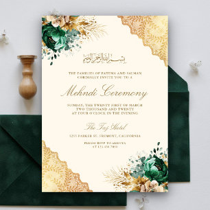 Smaragd Bloem Gouden Kant Moslim Mehndi Ceremonie Kaart