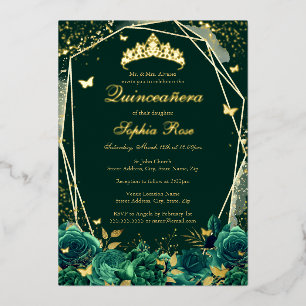 Smaragd Bloem Vlinder Tiara Quinceanera Folie Uitnodiging