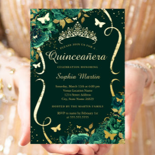Smaragd Bloem Vlinder Tiara Quinceanera  Folie Uitnodiging