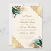 Smaragd Bloemen Goud Kant Cream Moslim Bruiloft Kaart (Voorkant)