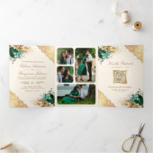 Smaragd Bloemen Goud Kant QR code Crème Bruiloft Drieluik Uitnodiging (Binnen)