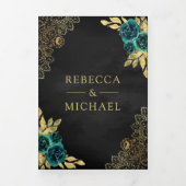 Smaragd Bloemen Goud Kant QR Code Zwart Bruiloft Drieluik Uitnodiging (Cover)