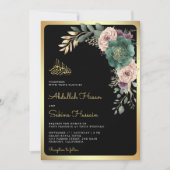 Smaragd Bloemen Tak Zwart QR Code Moslim Bruiloft Kaart (Voorkant)