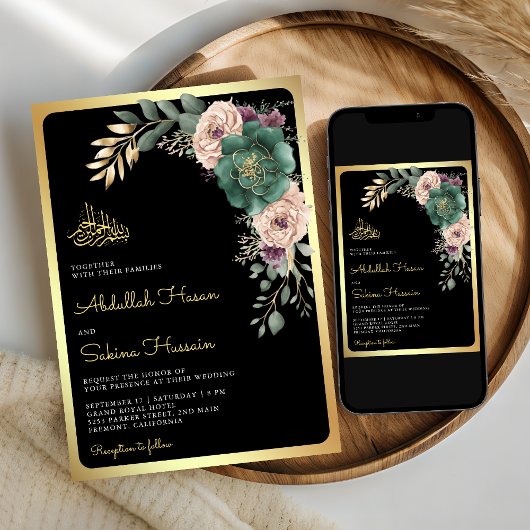 Smaragd Bloemen Tak Zwart QR Code Moslim Bruiloft Kaart