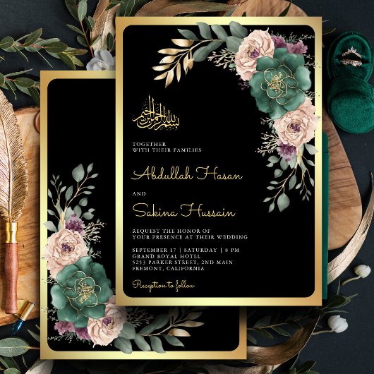 Smaragd Bloemen Tak Zwart QR Code Moslim Bruiloft Kaart