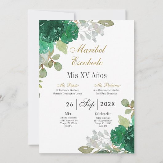 Smaragd bloemenquinceanera uitnodiging (Voorkant)