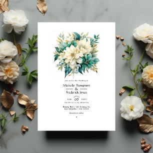 Smaragd-, Crème- en Gouden Bloemen Bruiloft Kaart