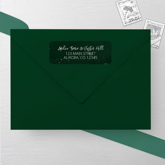 Smaragd en Bronzen Waterverf Trouwadres Etiket