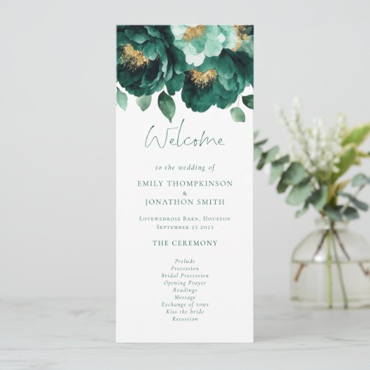 Smaragd en gouden bloemen bruiloft programma (Staand voorkant)