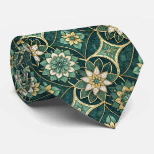 Smaragd en Gouden Bloemrijke Mandala - Siermotief Stropdas