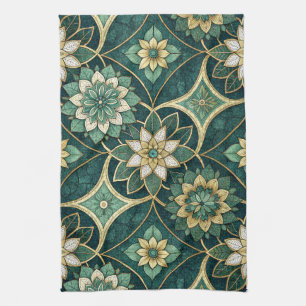 Smaragd en Gouden Bloemrijke Mandala - Siermotief Theedoek