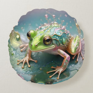 "Smaragd Essentie: Groene Kikker in Fractale Kunst Rond Kussen