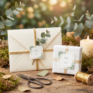 Smaragd Eucalyptus Gouden Bes Frame Bruiloft Vierkante Sticker