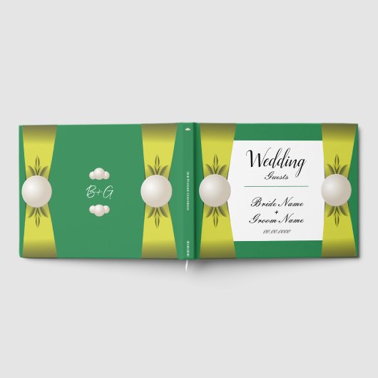 Smaragd & Gele Parel Lint Monogram Bruiloft Gastenboek (Volledig)