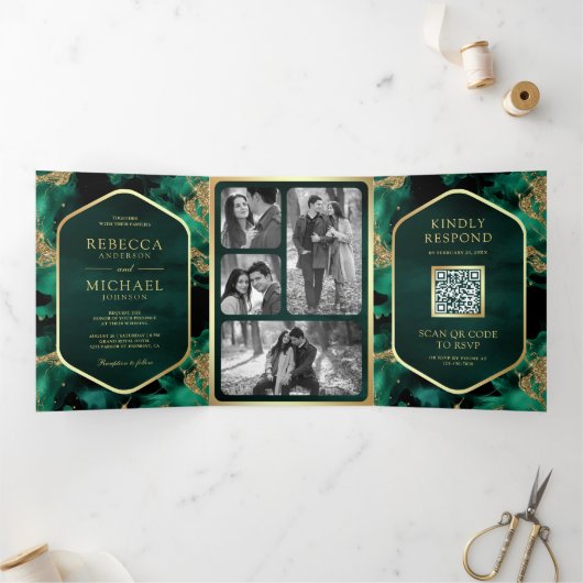 Smaragd Goud Abstract Vloeibare Inkt QR Code Bruil Drieluik Uitnodiging (Binnen)