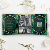 Smaragd Goud Abstract Vloeibare Inkt QR Code Bruil Drieluik Uitnodiging