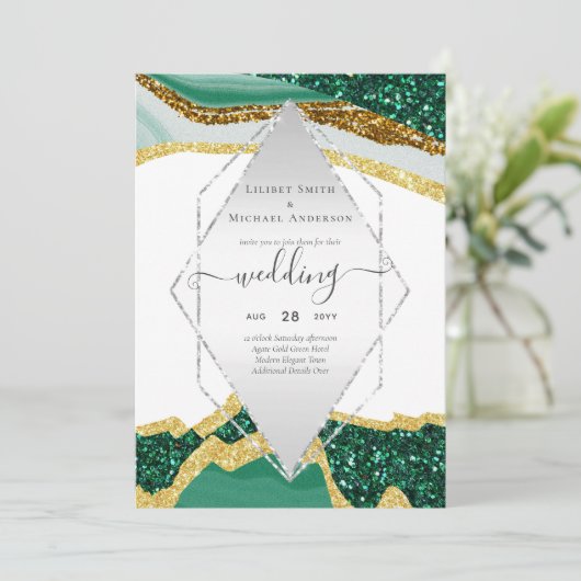 Smaragd Goud AGATE - Moderne Trouw Uitnodiging (Staand voorkant)