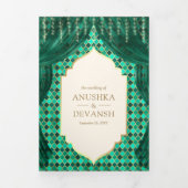 Smaragd Goud Bloemengordijn Indische Hindoe Bruilo Drieluik Uitnodiging (Cover)