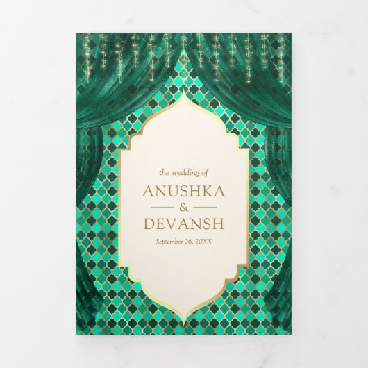 Smaragd Goud Bloemengordijn Indische Hindoe Bruilo Drieluik Uitnodiging (Cover)