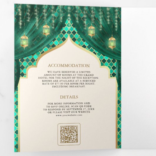 Smaragd Goud Bloemengordijn Indische Hindoe Bruilo Drieluik Uitnodiging (Binnenzijde eerst)