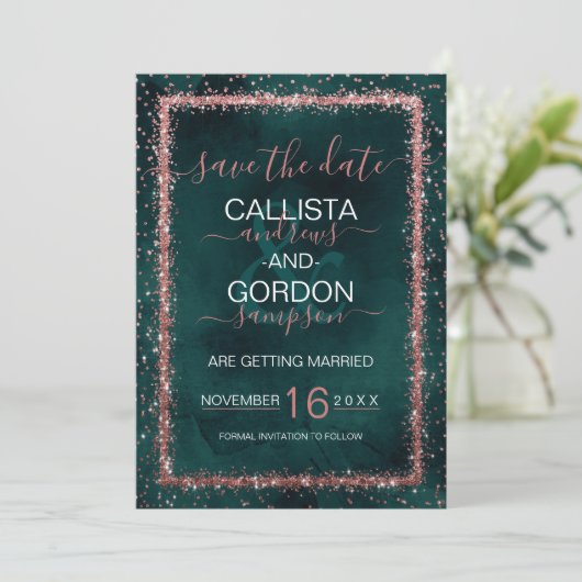 Smaragd Goud Gestrooide Confetti Bruiloft Save The Date (Staand voorkant)