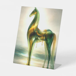 Smaragd & Goud Glas Paard Beeldhouwwerk – Elegant Reclamebord Met Voetstuk