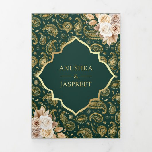 Smaragd Goud Paisley Bloemen QR Code Indiase bruil Drieluik Uitnodiging (Cover)