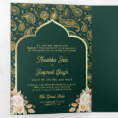 Smaragd Goud Paisley Bloemen QR Code Indiase bruil Drieluik Uitnodiging (Binnenzijde eerst)